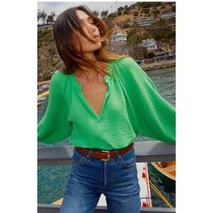 NATION LTD Mimi Cotton Gauze Blouse Puff Sleeve Peasant Top Womens XS Green